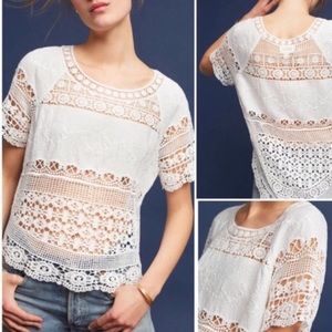Anthropologie White Lace Short Sleeve Top